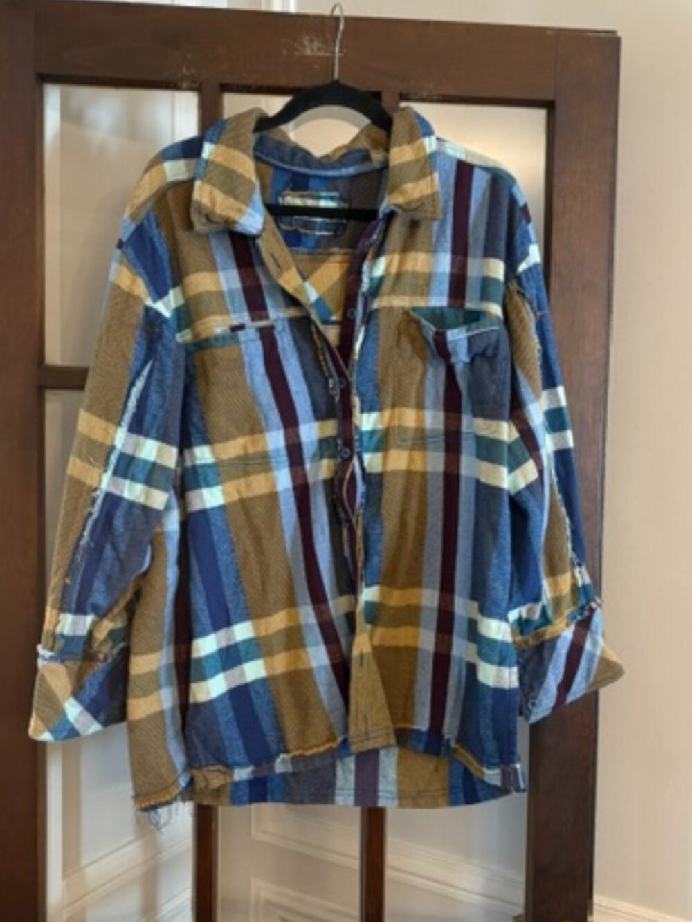 Free People We the Free "So Long Summer" Blue Plaid Flannel Shirt, Size Medium